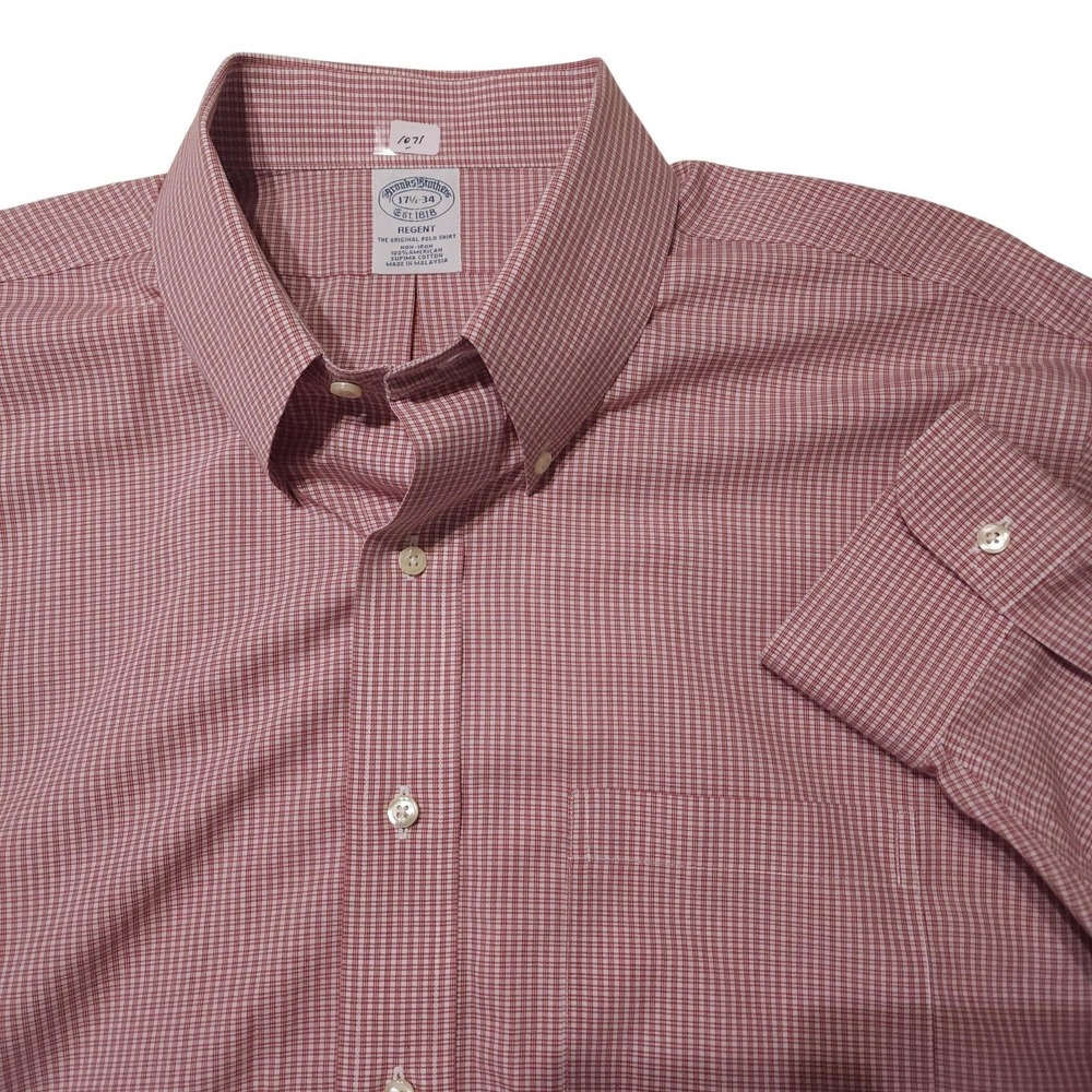 Brooks Brothers Dress Shirt Mens 17.5 34/35 Red Check Regent Non Iron